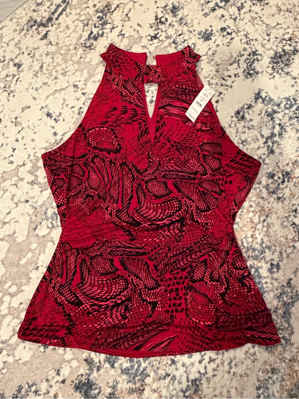 WHBM Printed Halter Keyhole Top Red Black L NWOT